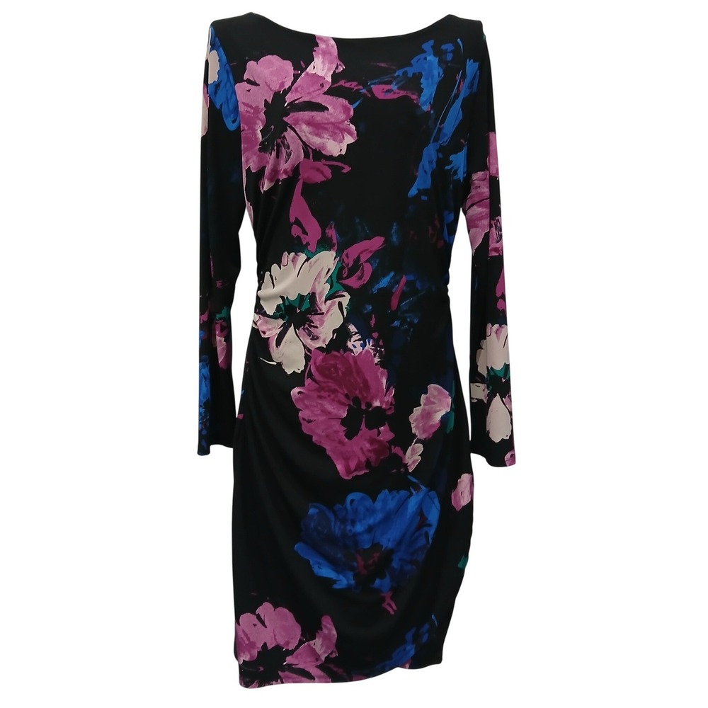 Ann Taylor Womens Lg Black Floral Ruched Side Jersey Sheath Dress Long Sleeve